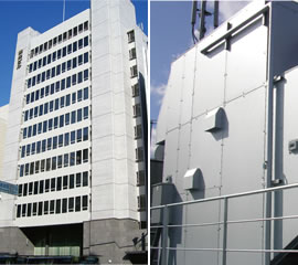 採用された「銀泉広島ビル」（左）と屋上に設置された実際の1号機（右）