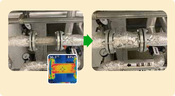フレキシブル配管が56.3℃の高温のため、12ヵ所の 保温施工 を実施